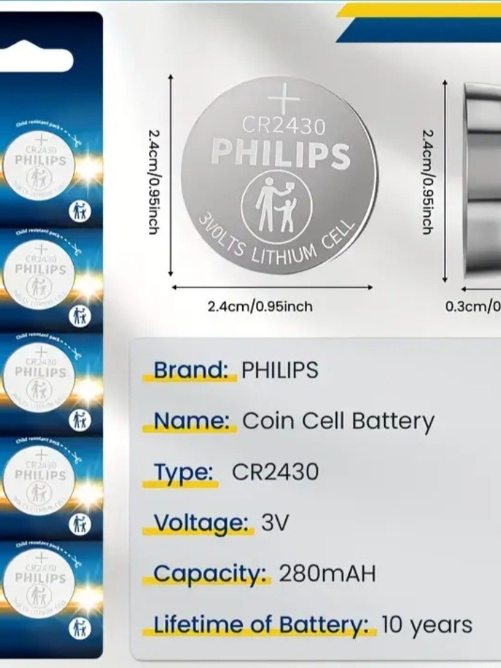 Philips CR2430 Coin Cell Battery Pack - Silver 5-Pack